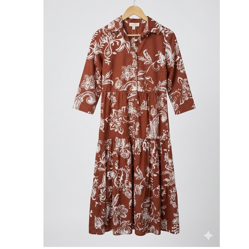 Violet Skies Petite Rust Floral Paisley Tiered Midi Shirt Dress NWT PM Boho